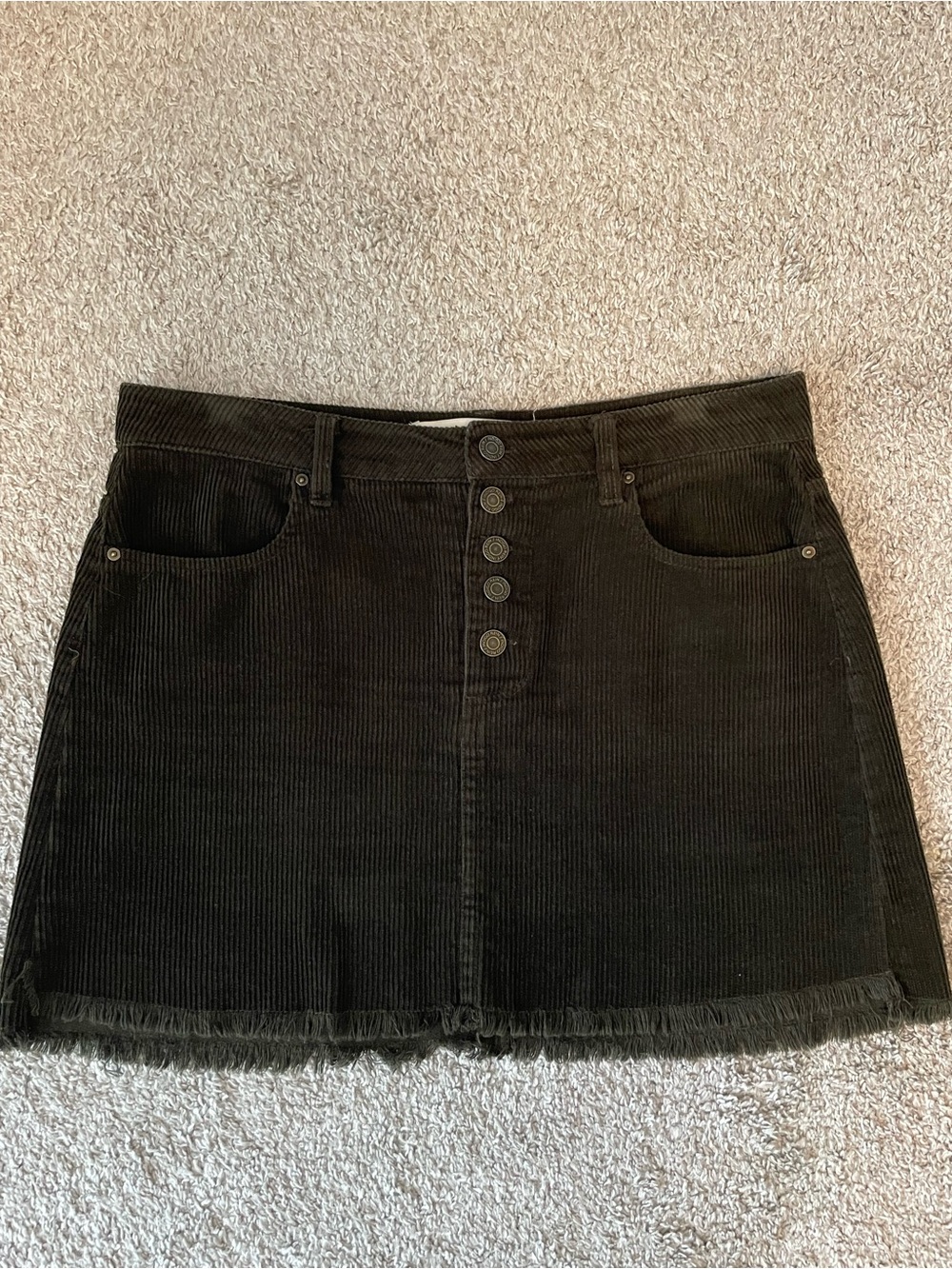 Dark Green Corduroy Button-Front Mini Skirt